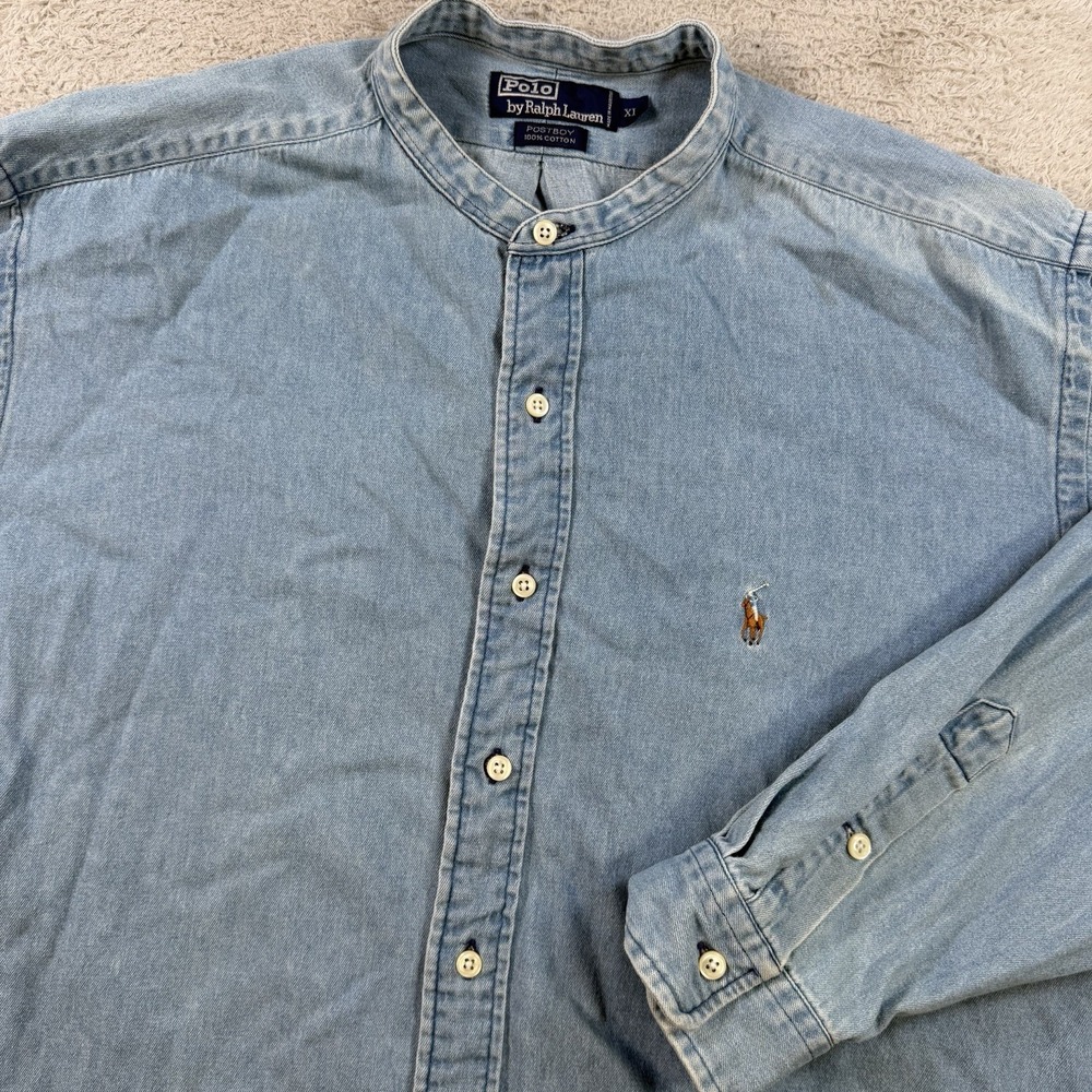 Polo Ralph Lauren Shirt Mens XL Blue Denim Postboy Button Flesh Pony Band Collar